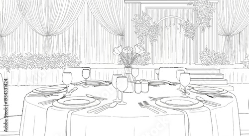 Elegant dining table set with floral arrangements and draped curtains backdrop