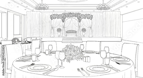 Elegant reception hall decorated for a special occasion with floral arrangements