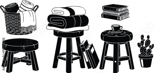 Monochrome hand drawn illustration close up three wooden stools with folded blankets basket of towels stacked books cup and potted cactus soft studio lighting cozy scene