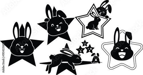 Flat monochrome bunny star icons set close up playful rabbit faces jumping profile and peeking illustrations on white background vector sticker style simple fun black silhouette