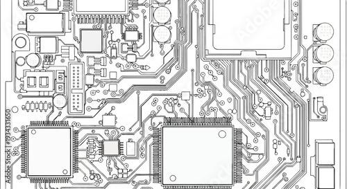 Intricate black and white illustration of a complex electronic circuit board with multiple chips
