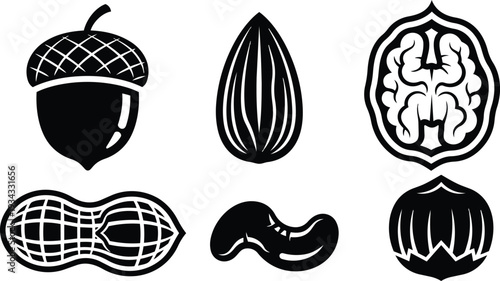 Flat bold nut icons top view acorn almond walnut peanut cashew hazelnut isolated on white background simple high contrast graphic vector style close up minimal monochrome