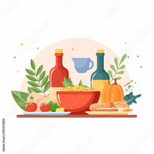 Colorful illustration of a bountiful autumn harvest food spread, perfect for seasonal celebrations