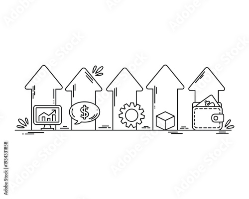 Conceptual illustration of business growth and financial progress with upward arrows and financial symbols