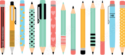 Colorful pencil and pen stationery collection with decorative patterns hearts stripes and dots school supplies vector illustration set isolated on white background