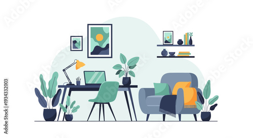 Stylish Flat Design Interior: Modern Home Office Workspace & Cozy Living Area with Plants and Wall Art