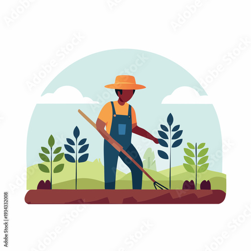 Dedicated farmer carefully cultivating young plants in a vibrant agricultural field, fostering sustainable growth and future harvests