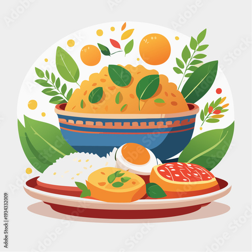 Vibrant Traditional Meal Illustration Featuring Aromatic Rice, Eggs, and Fresh Botanical Garnish