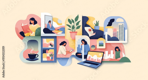 Remote workers collaborate virtually in modern home office spaces with laptops and coffee