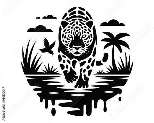 Stylized jaguar walking through a jungle scene with palm trees and a bird