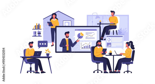Global Remote Work, Online Collaboration & E-learning Illustration. Virtual Business Meetings, Training & Digital Team Communication.