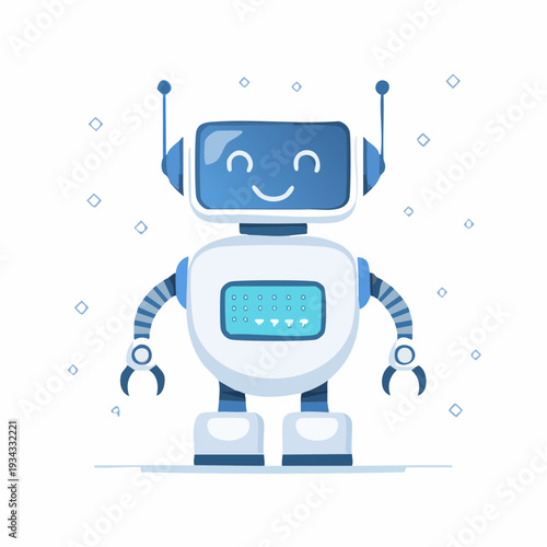 Cute robot with antennas and a screen on its chest, smiling warmly