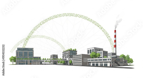 Modern industrial complex with green elements and connectivity.