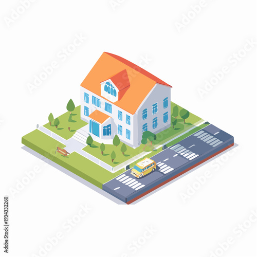 Cozy suburban house with a yellow car on a street, isometric view