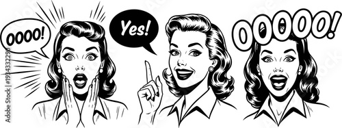 Retro pop art comic style vector illustration of a surprised woman with speech bubbles saying yes and wow in black white
