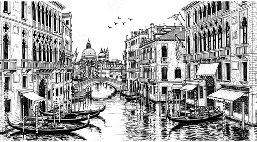 Venice, canal, Italy, grand, canal, gondola, boat, historic, architecture, buildings, bridge, water, city, travel, landmark, vector, illustration, black, and, white