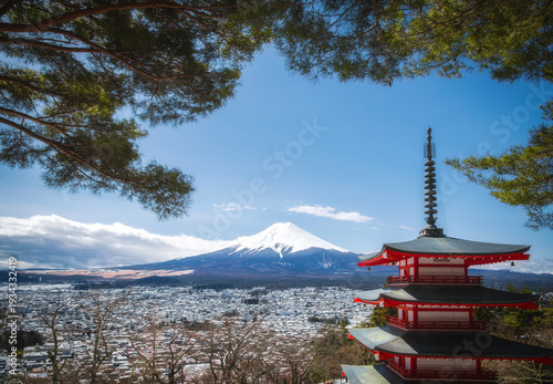 a stunning view of a traditional Japanese pagoda with a snow-capped Fuji mountain backdrop, showcasing the beauty of the landscape in Japan