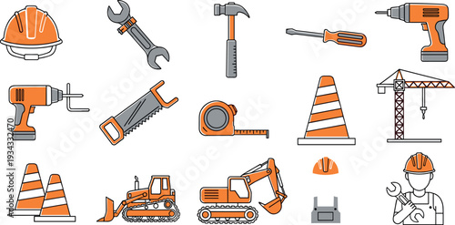 Construction tools and equipment icon set featuring helmet wrench hammer drill screwdriver crane excavator traffic cones and measuring tape vector illustration