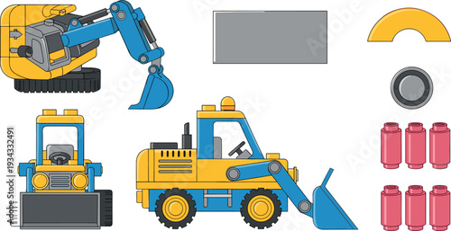 Construction machinery vector set with excavator, front loader and spare mechanical parts, detailed heavy equipment illustration for engineering, building industry and industrial machinery design