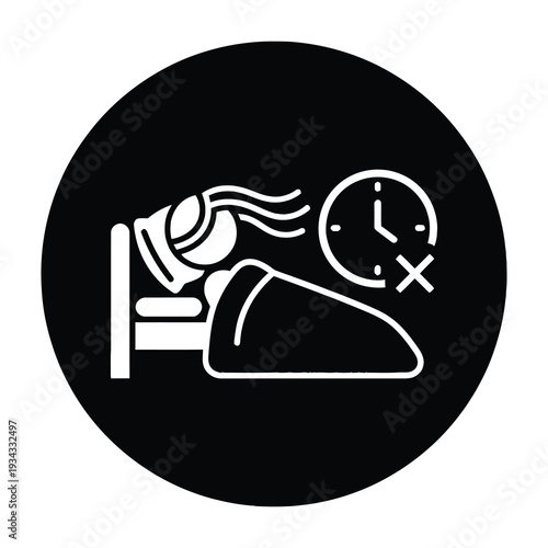White icon of person sleeping in bed with alarm clock showing crossed out time symbolizing insomnia or sleeplessness on black circular background