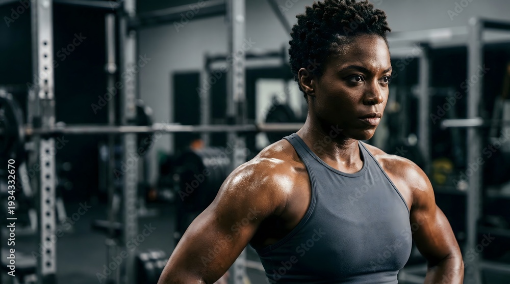 Fototapeta premium Strong Muscular Black Female Athlete Sweating After Intense Workout in Modern Gym Fitness Center