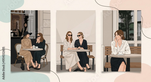 Women socializing in cafes enjoying coffee and conversation illustrations of female friendships and casual meetings