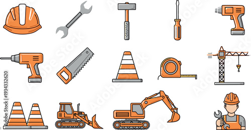Construction tools and machinery vector icon set with helmet wrench hammer drill excavator bulldozer crane and traffic cone for engineering and building industry design