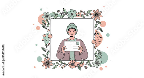 Person in Winter Hat Holding Envelope, Framed by Floral Wreath, Soft Pastel Colors