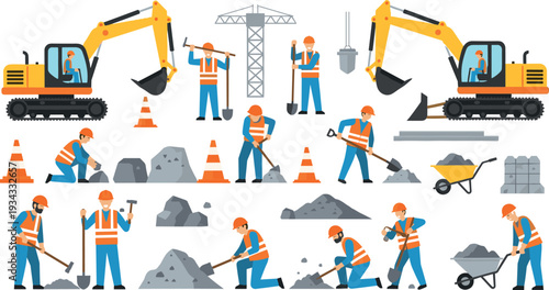 Construction workers and heavy machinery working at building site with excavator crane tools safety cones and roadwork labor vector illustration set