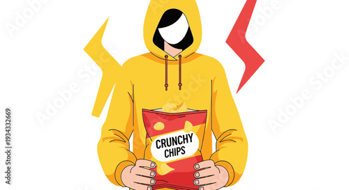 Person in Yellow Hoodie Holding Bag of Crunchy Chips, Snack Time Concept