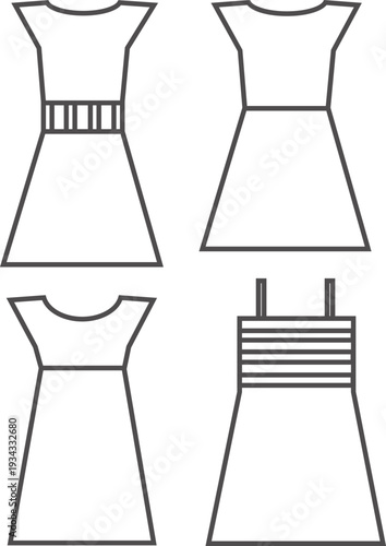 vector illustration of a fashion dress, Clothing, fashion icon set. Vector glyph pictograms of shirt, dress, jacket, shoes, handbag, apparel, accessories and wardrobe black silhouette illustration.