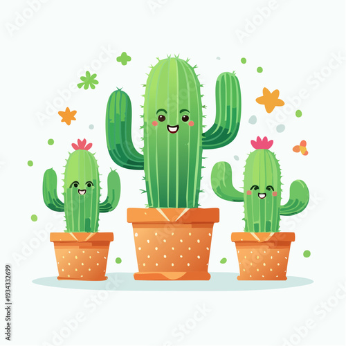 Cactus ecology illustration featuring happy cacti with flowers in pots, vector art