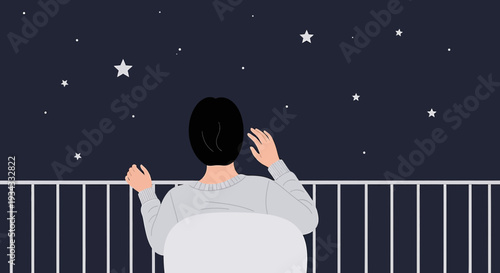 Person looking at starry night sky from balcony, contemplating dreams