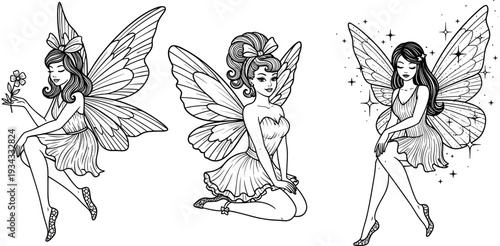 Beautiful fairy character collection set featuring three cute magical winged girls in elegant poses vector line art for coloring book.