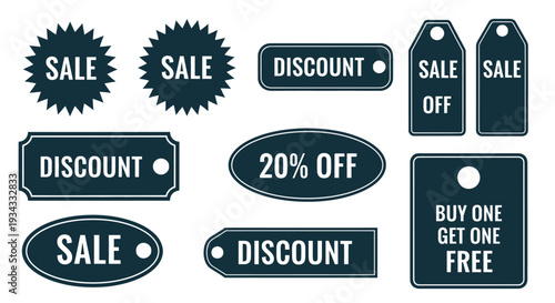 Monochrome Collection of Sale and Discount Badges and Tags, promotional elements on an isolated white background