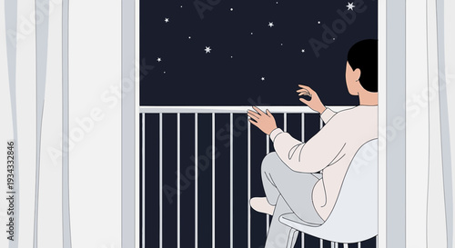 Person looking at starry night sky from balcony, serene contemplation, peaceful solitude