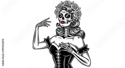 Day of the Dead sugar skull woman vector illustration wearing elegant black corset and rose crown with red lips line art.