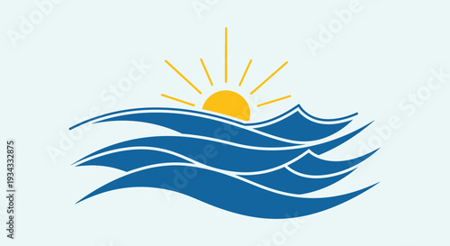 Bright Yellow Sun Rising over Blue Ocean Waves, serene natural scene on a light blue background