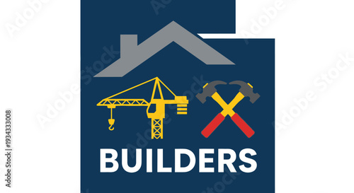 Construction Builders Logo with House Roof, Crane, Hammer and Wrench in Dark Blue Background