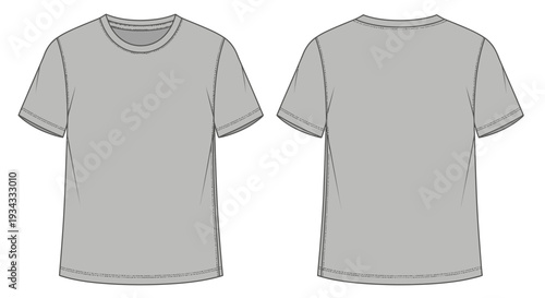 Plain Gray Short Sleeve T-Shirt Front and Back View Isolated White Background