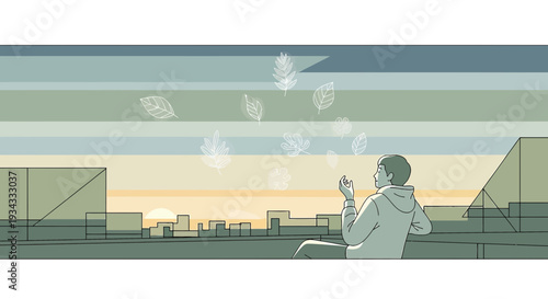 Person meditating outdoors with leaves floating in abstract cityscape