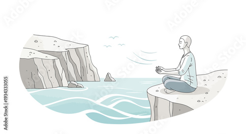 Person Meditating on Cliff Edge by the Ocean, Serene Landscape with Waves and Birds