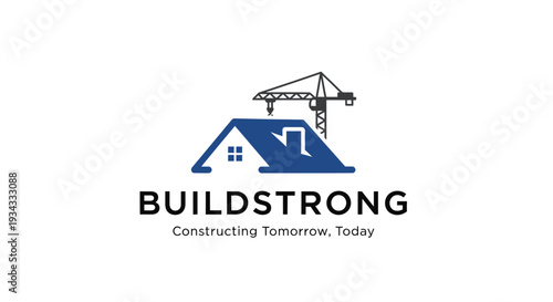 Buildstrong Construction Company Logo with House and Crane on an Isolated White Background
