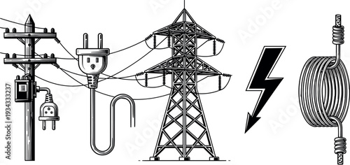 Electric power infrastructure collection featuring transmission tower, utility pole, electrical plug, lightning symbol and wire coil representing electricity grid, energy distribution and power 