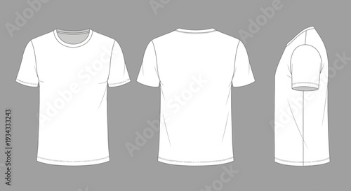 White short sleeve t-shirt outline vector illustration, front and side views, on solid gray background.