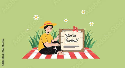 Person on Picnic Blanket with "You're Invited!" Sign