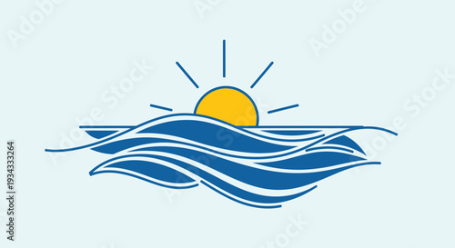 Stylized sunrise with yellow sun above wavy blue ocean water, on a light blue background.