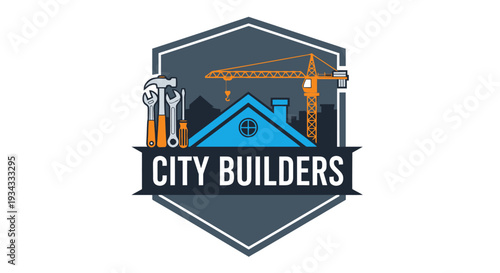 City Builders logo with construction tools and house roof inside a hexagonal badge, on a light gray background.