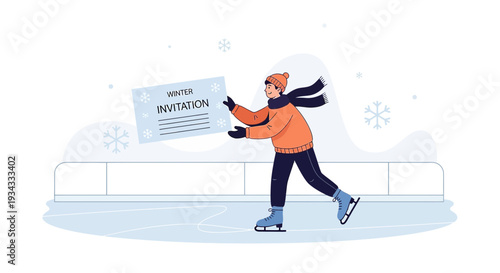 Person Ice Skating Holding Winter Invitation Card, Snowy Background