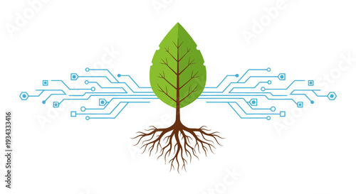 Green leaf with roots growing from a circuit board network, symbolizing eco-friendly technology and sustainable innovation, isolated white background.